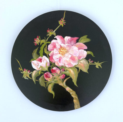 Apple blossoms (1), oil on board, 50 cm round, 2021