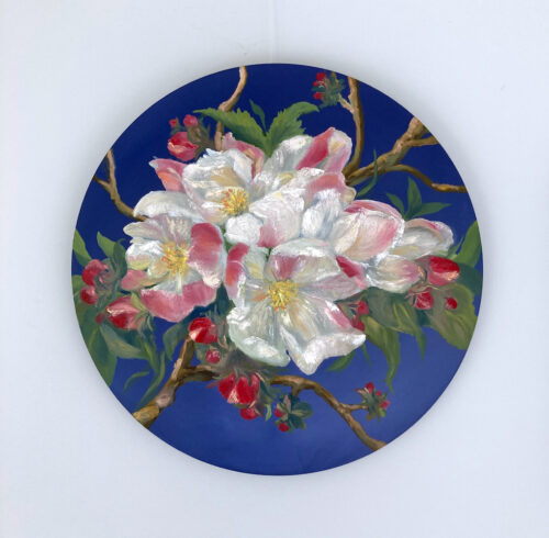 Apple blosson in my garden (2), oil on canvas, 50 cm round, 2021