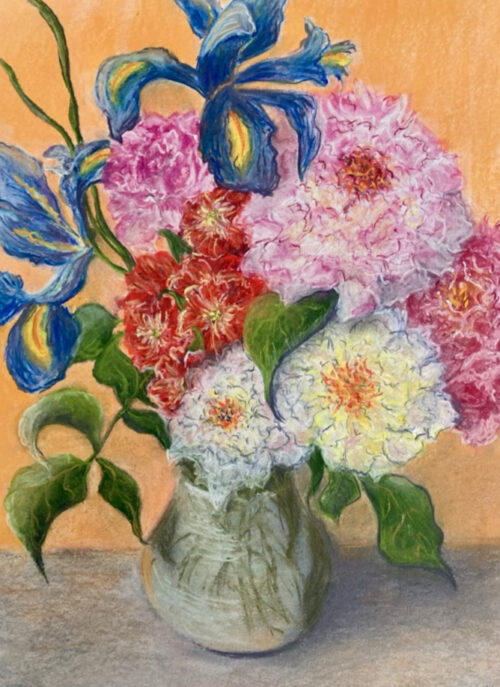 Iris, roses and peonies, pastel on pastelpaper, 30x40, 2020