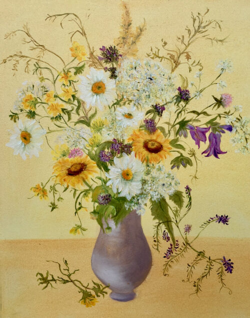 Meadow flowers in purple vase, oil on canvas, 40x50 cm, 2020