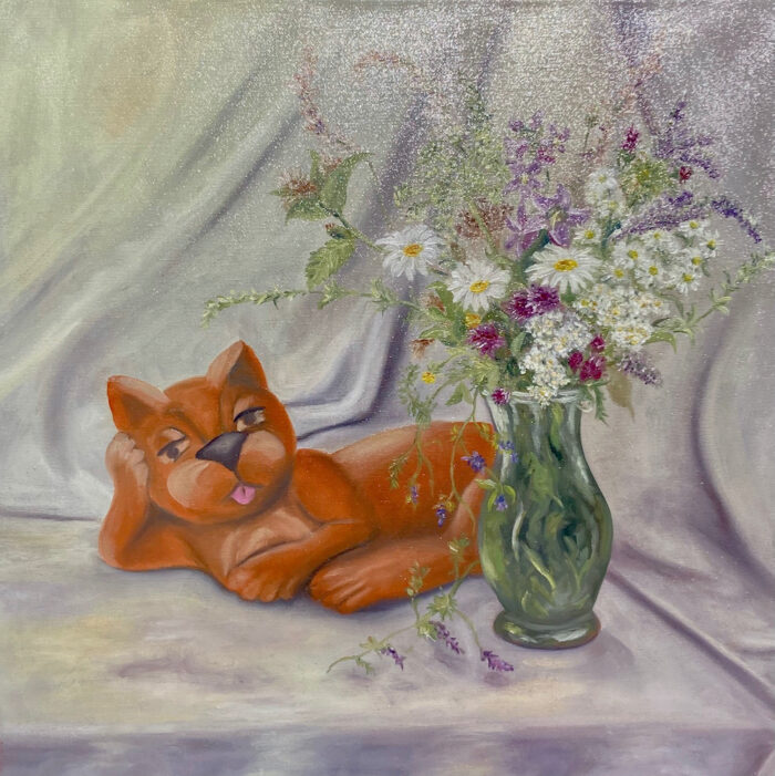 Meadow flowers with naughty cat, oil on canvas, 60x60 cm, 2020
