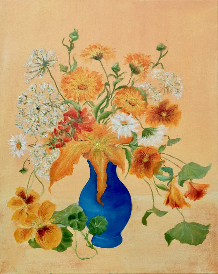 Naturtium, Marigolds, Margerethen, Yarrow, Beanblossom in a blue vase, oil on canvas, 40x50 cm, 2020