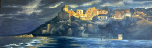 On the beach of Tamarit in Spain at night, oil on canvas, 40x120 cm, 2022