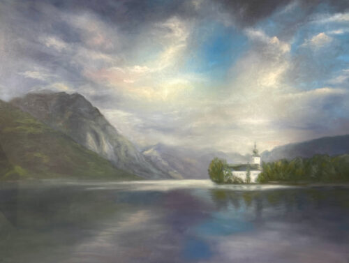 Orth Castle with Traunstein and Traunsee, oil on canvas, 150x200 cm, 2022