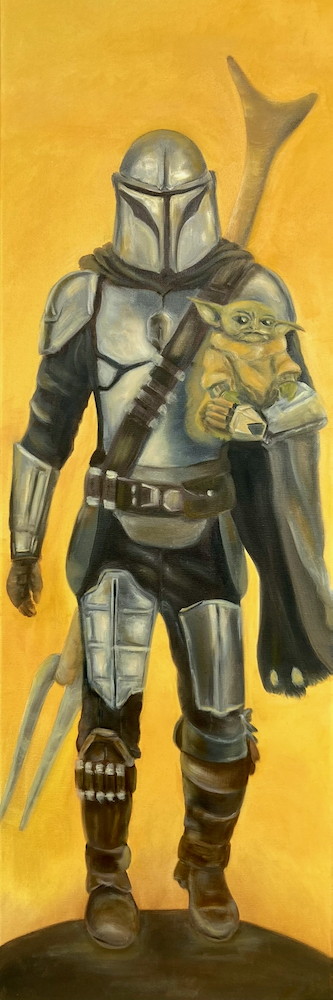 The Mandalorian and Baby Yoda, oil on canvas, 40x120 cm, 2022
