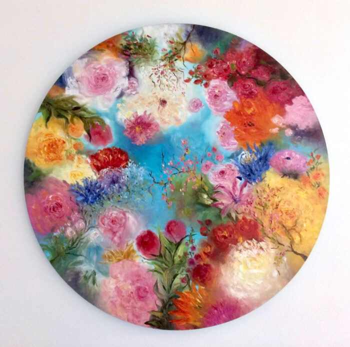 The Beauty of Flowers, oil on canvas, 80 cm round, 2022