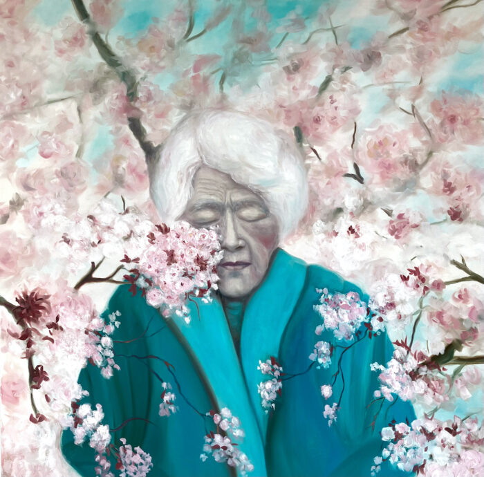 The old lady and the cherry blossoms, oil on canvas, 100x100 cm, 03.2023