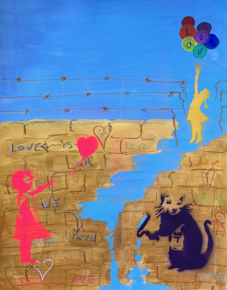 Love is all we need, a Hommage to Banksy, Mixed Medai on Hahnemühle, 50x60 cm, 2023