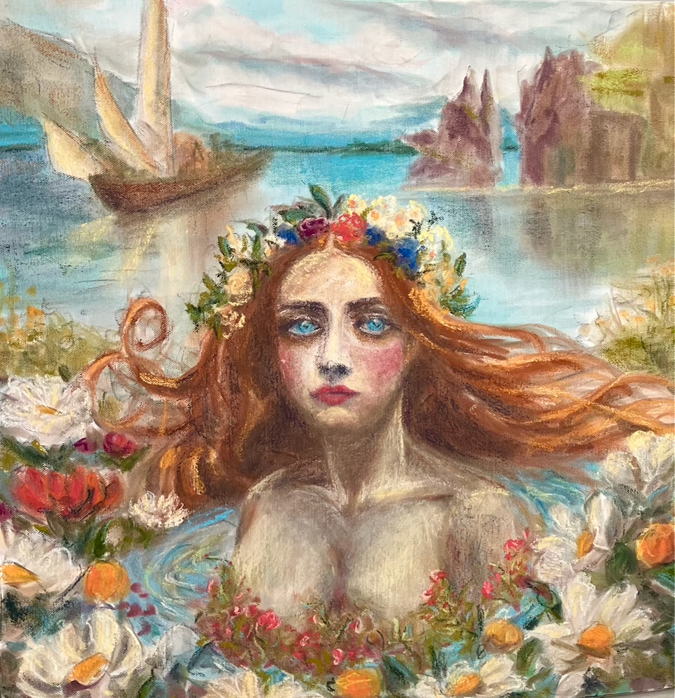 Venus swimming in the Sea, Mixed Media on canvas, 60x60 cm, 2023