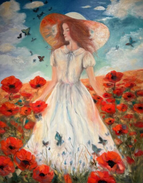 Young Girl in a Field of Poppies, oil on canvas, 80x90 cm, 2023